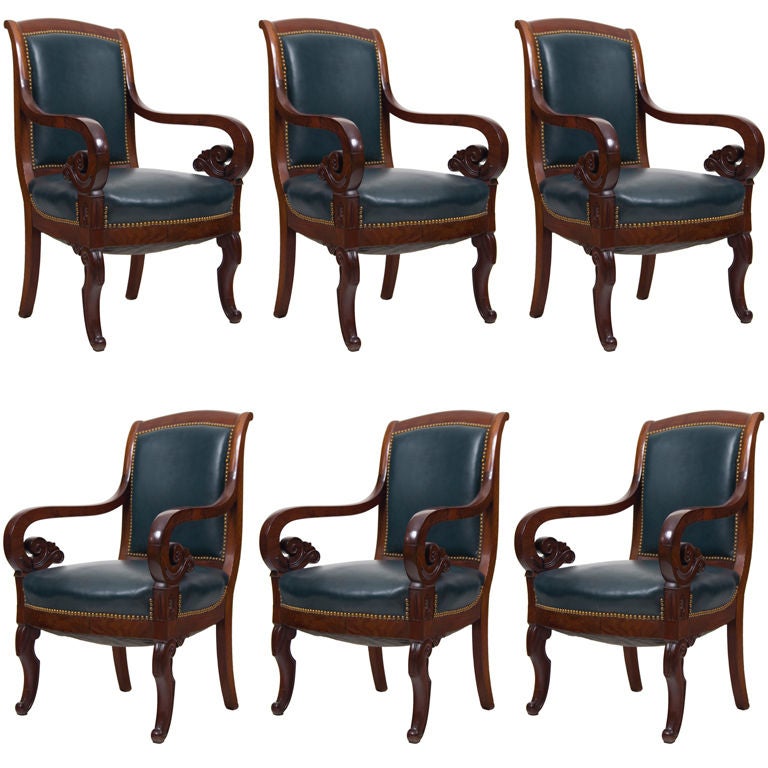 Set of Six Antique Mahogany and Leather French Arm Chairs at 1stdibs