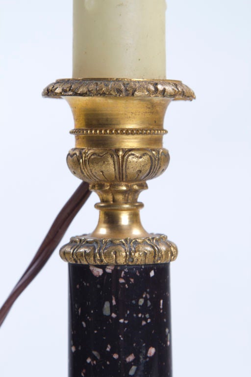 19th Century Pair of Swedish Porphyry Candlesticks as Lamps