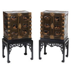 Pair of Lacquered & Gilt Cabinets on Stands