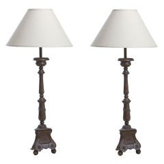 A Pair of Tall Antique Tole Prickets Now / Lamps