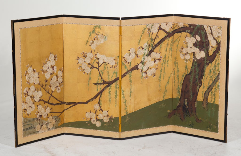 A very beautiful and decorative Japanese four panel screen depicting an ancient flowering dogwood tree.