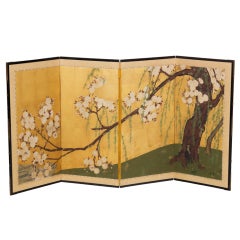 Japanese Meiji Screen Of An Ancient Flowering Dogwood Tree