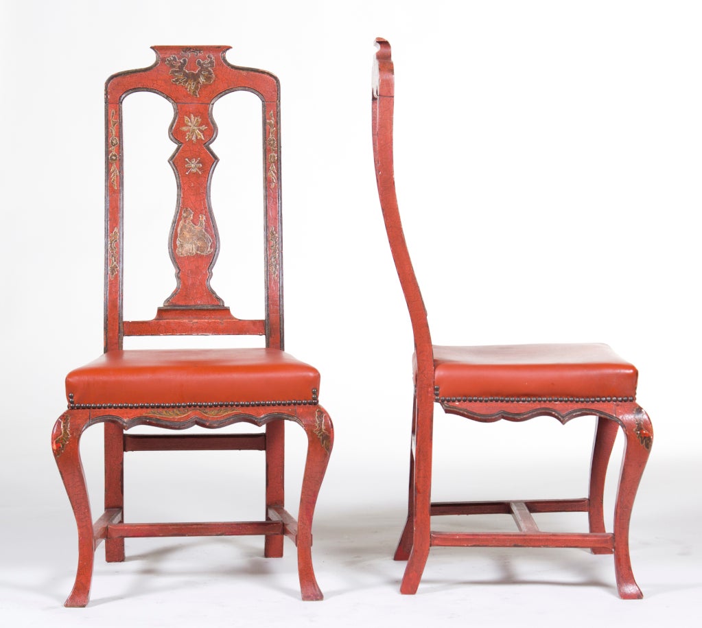 Chinoiserie Four Vintage Red Italian Japanned Chairs, circa 1920