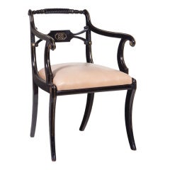Extrodinary Brass Mounted Ebonized Regency Arm Chair