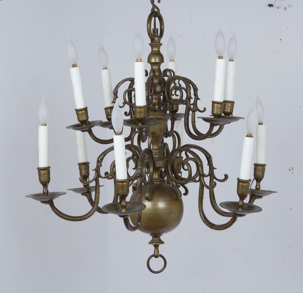 A Classic Dutch Baroque brass chandelier made late in the 19th century and recently wired for electricity.