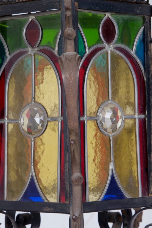 Wrought Iron Stained Glass Lantern at 1stdibs