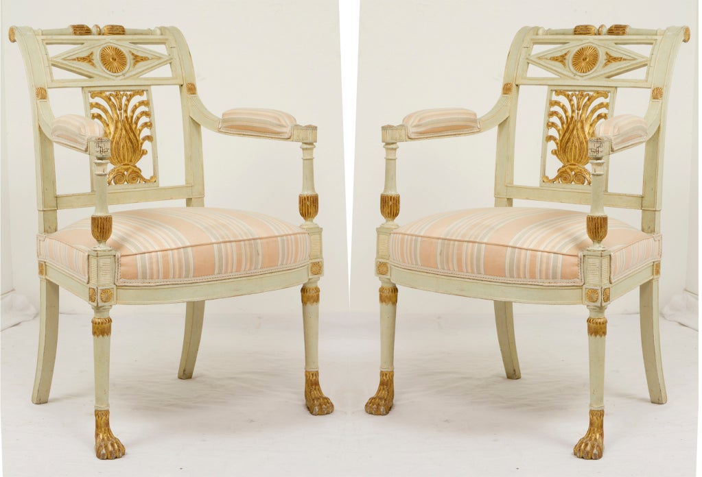 An exceptional pair of armchairs by Jacob. Georges Jacob was one of the two top Parisian cabinet masters to Louis XVI. His workshop produced furniture in the neoclassical taste for the royal chateaux. Provenance and French "certificate"