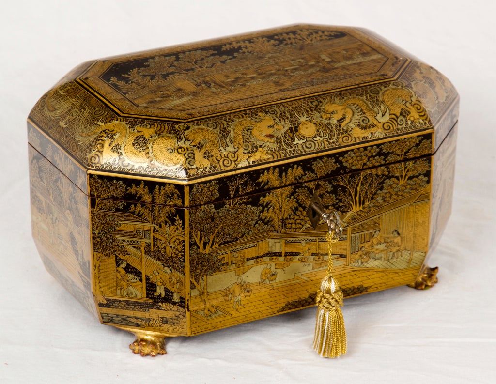 A well preserved Chinese export lacquered and gilt  tea caddy made for the European market during the 19th century.