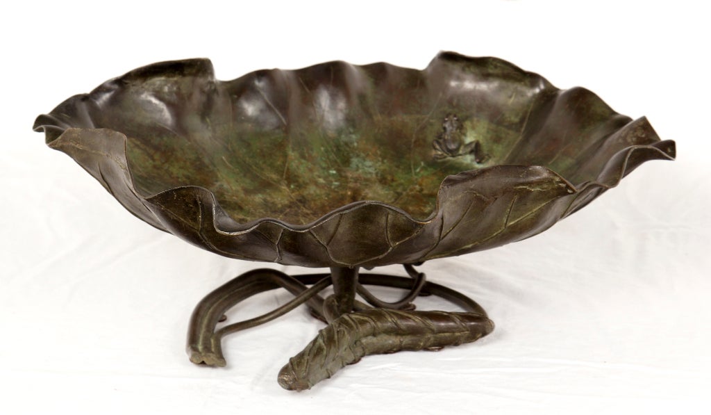 A large and exceptional Japanese bronze bowl in the shape of a lotus leaf with a small frog.  Meji period 19th century.