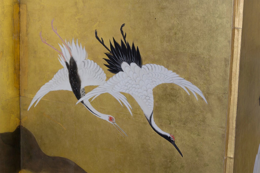 Japonisme Fine Large Japanese Edo Period Painted Crane Screen, circa 1820