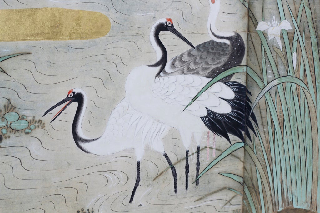 Fine Large Japanese Edo Period Painted Crane Screen, circa 1820 In Good Condition In San Francisco, CA