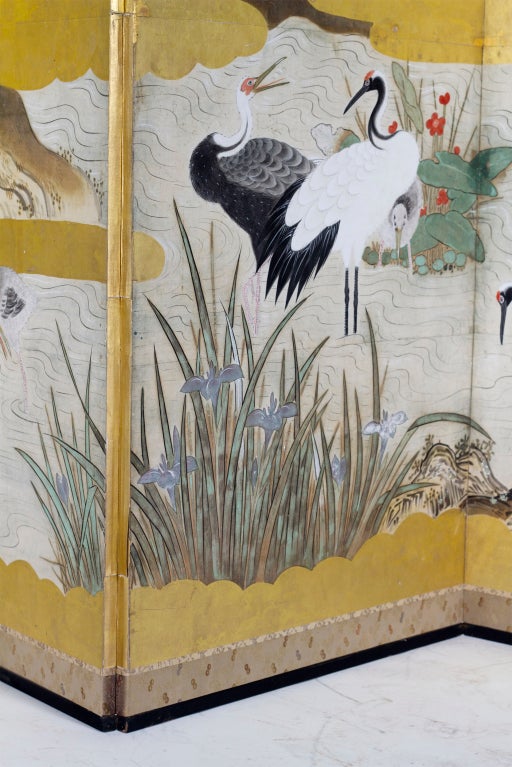 19th Century Fine Large Japanese Edo Period Painted Crane Screen, circa 1820