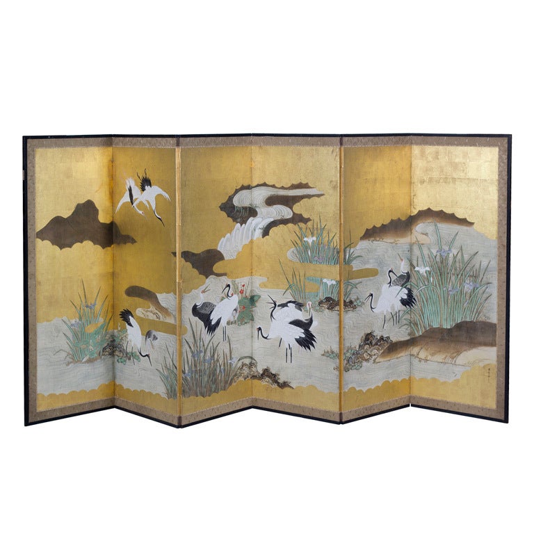 Fine Large Japanese Edo Period Painted Crane Screen, circa 1820