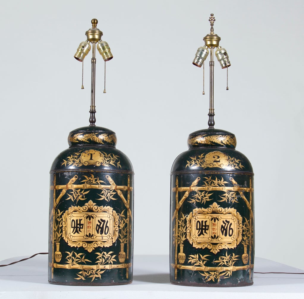 A real nice pair of antique English tea canister lamps.