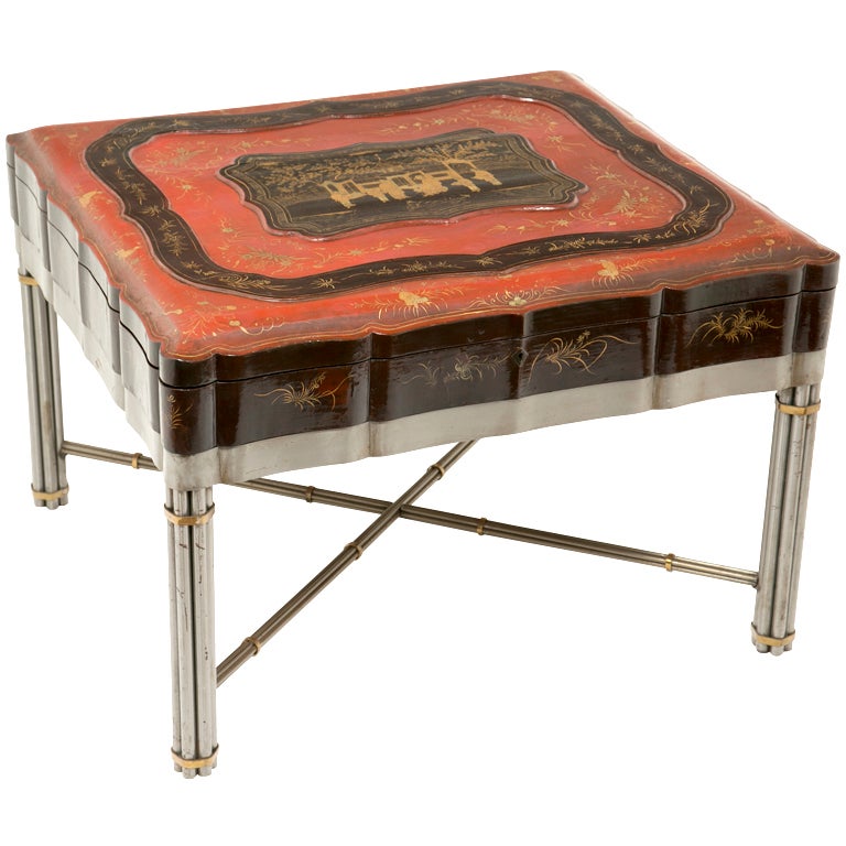 Chinese Lacquered & Gilt Robe Box on later stand c 1850