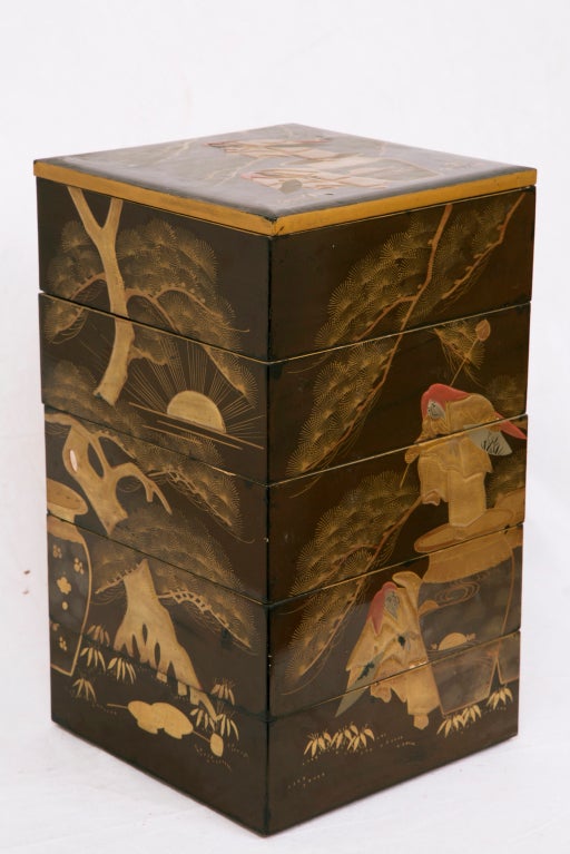 A large rare survivor from a time when great care was taken to make beautiful objects.  This was used to present food.  A different selection on each level.  Natural lacquer is actual tree sap and took a great amount of time to dry.  A piece like