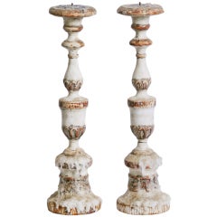 Antique Pair of Painted Wood Prickets / Candlesticks