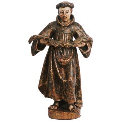 Old Carved Painted And  Gilt Statue Of Saint Francis