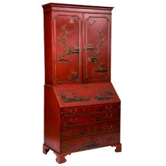 18th Century English Chinoiserie Red Painted Secretaire / Bookcase