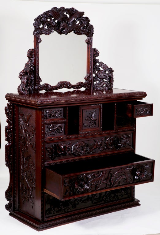 Japonisme Amazing Japanese Carved Chest & Mirror