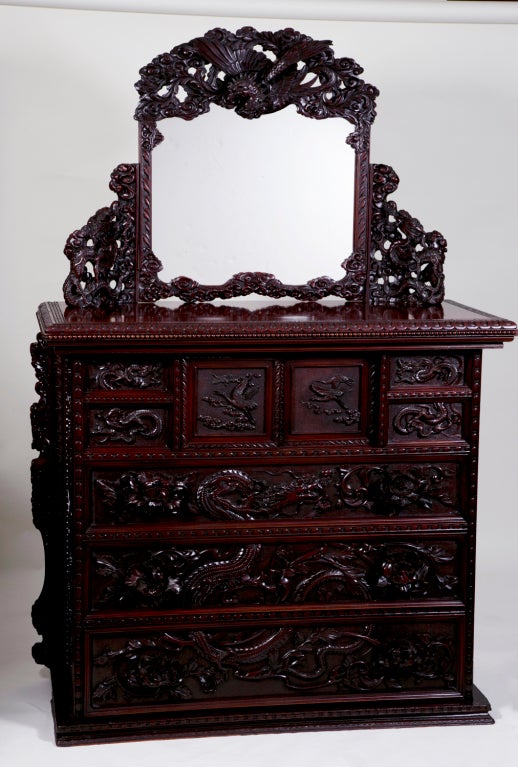 Late 19th Century Amazing Japanese Carved Chest & Mirror