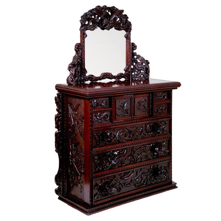 Amazing Japanese Carved Chest & Mirror