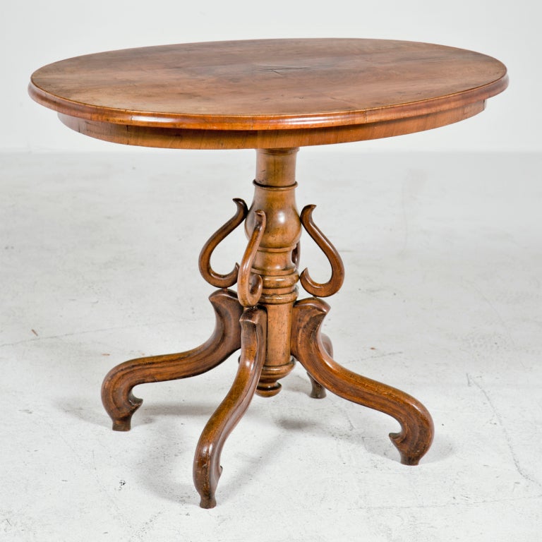 Rare late 19th century Thonet Walnut and mixed wood centre table with Hapsberg Railroad shipping label affixed to base 'Salsburg nach Wien' (Salsburg to Vienna). Wonderful smaller scale, old surface and rich warm color. It is easy to see the