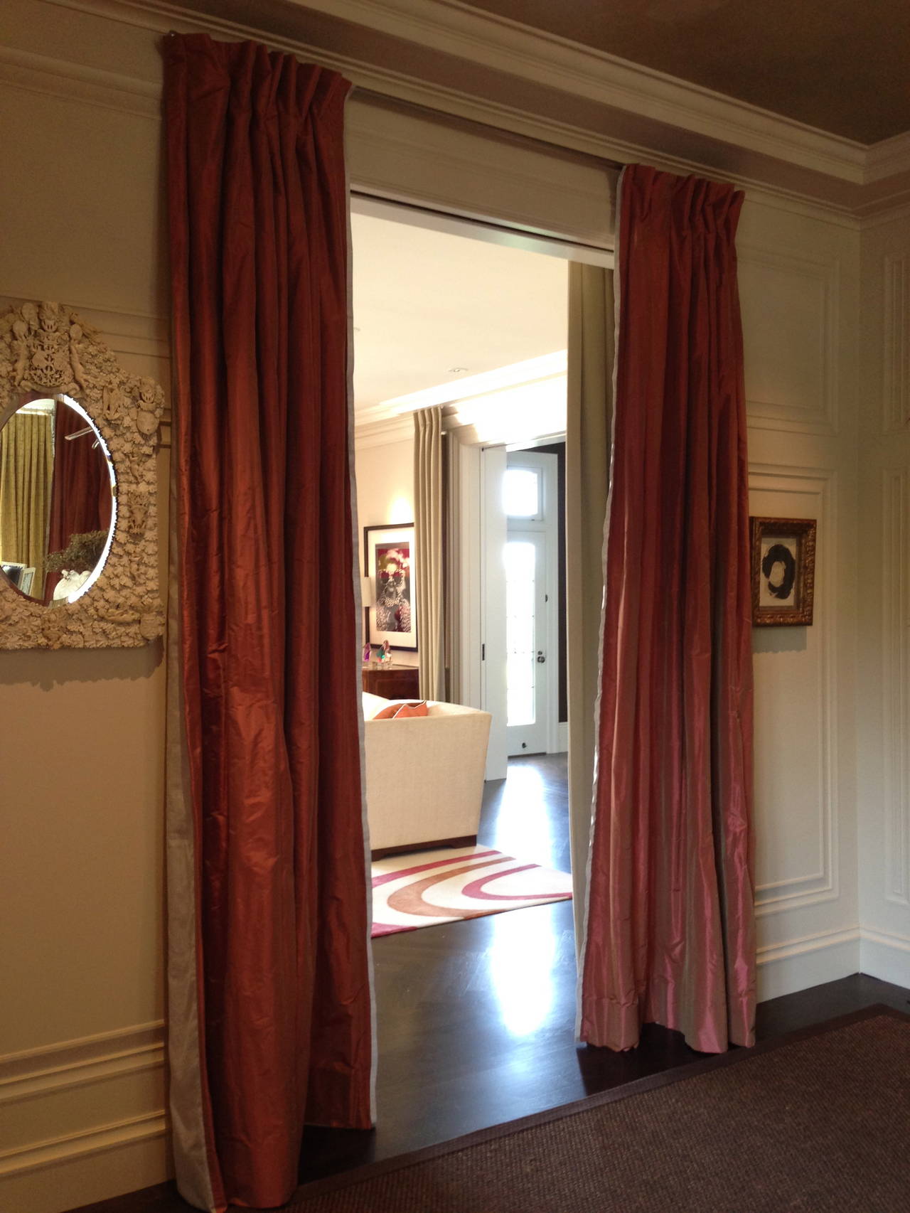 Featured in the 2015 San Francisco Decorators Showcase house, two pairs of hand sewn watermelon silk taffeta curtains lined and interlined with fine linen. See photos for pleating and leading edge detail.

Custom fabrics and sizes available.
