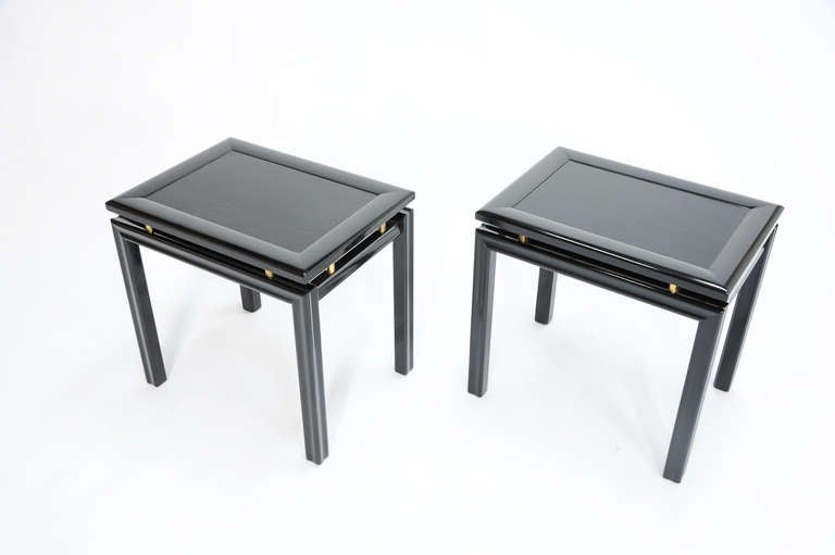 Mid-Century Modern Pair of Leather Inlaid and Brass End Tables in the Manner of Paul Laszlo