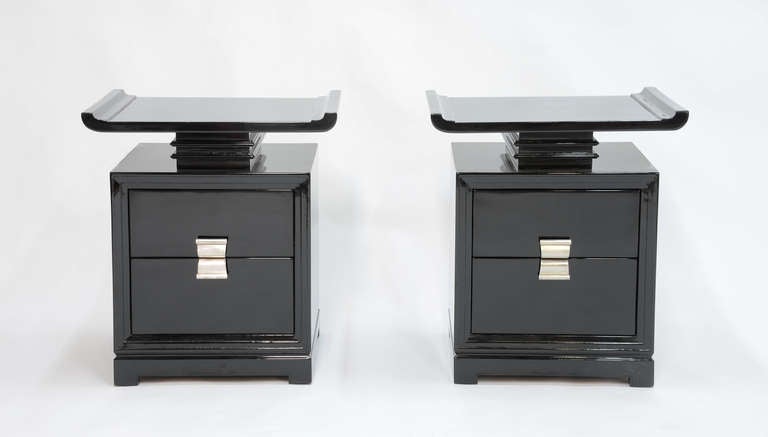 Grand pair of Paul Frankl nightstands.