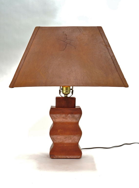 A handsome Paul Laszlo Inc custom leather lamp. Custom lather shade is original. Shade is 18
