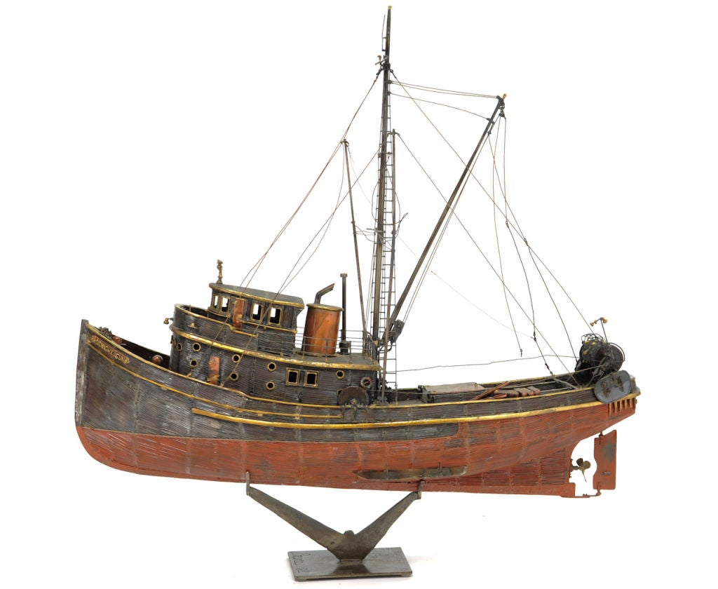 The Midnight Sun is a double barrel purse seiner that was built in1937 and was skippered by Captain Dennis Forbers.  This is a handsome 4 foot model by Eureka artist Dick Crane.  The hull is made out of steel rods and the details are out of copper. 