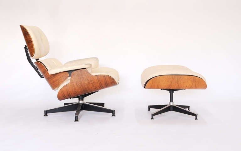 A wonderful example of a Eames lounge chair for Herman Miller.  The chair is used and the leather is wonderfully distressed. The light cream leather is sofa from used.  The leather can be replace for an additional cost is desired