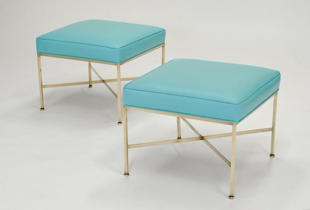 American Paul McCobb Leather and Brass Ottomans