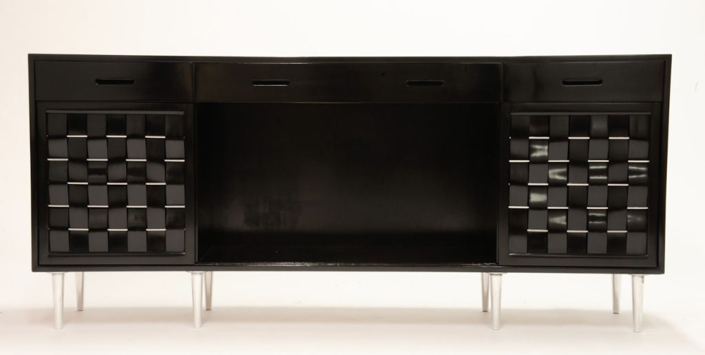 Aluminum Black Lacquer Edward Wormley Woven Front Cabinet