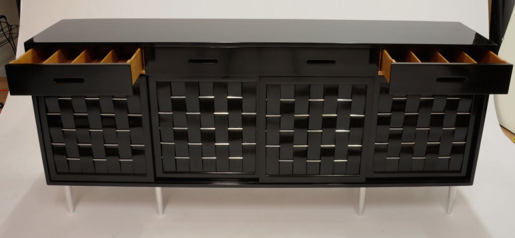 Black Lacquer Edward Wormley Woven Front Cabinet 3
