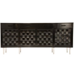 Black Lacquer Edward Wormley Woven Front Cabinet