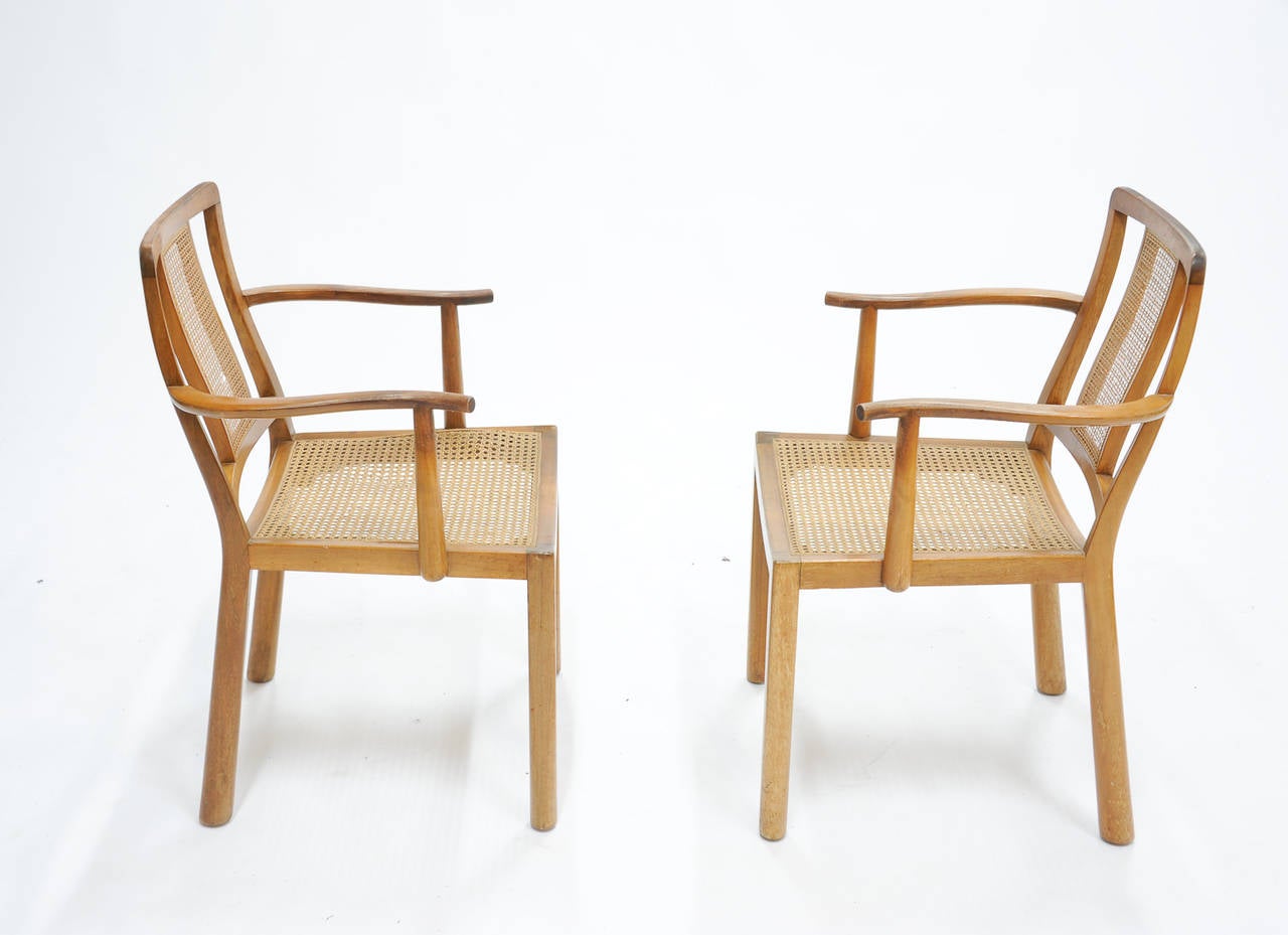 A rare set of 1955 chairs by Edward Wormley for Dunbar. This set was featured in the 1955 Furniture Forum for their elegant and refinement of design. They feature the rare green bar labels from Dunbar. Which was the production label at the height of