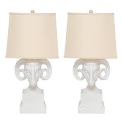 Pair of Ceramic Ram's Head Lamps for Chapman Lighting
