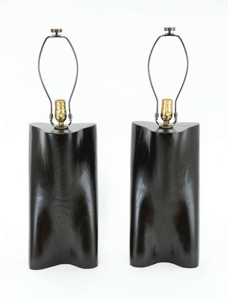 Pair of Artisan Hand-Carved French Oak Black Lacquered Lamps In Good Condition In Portland, OR