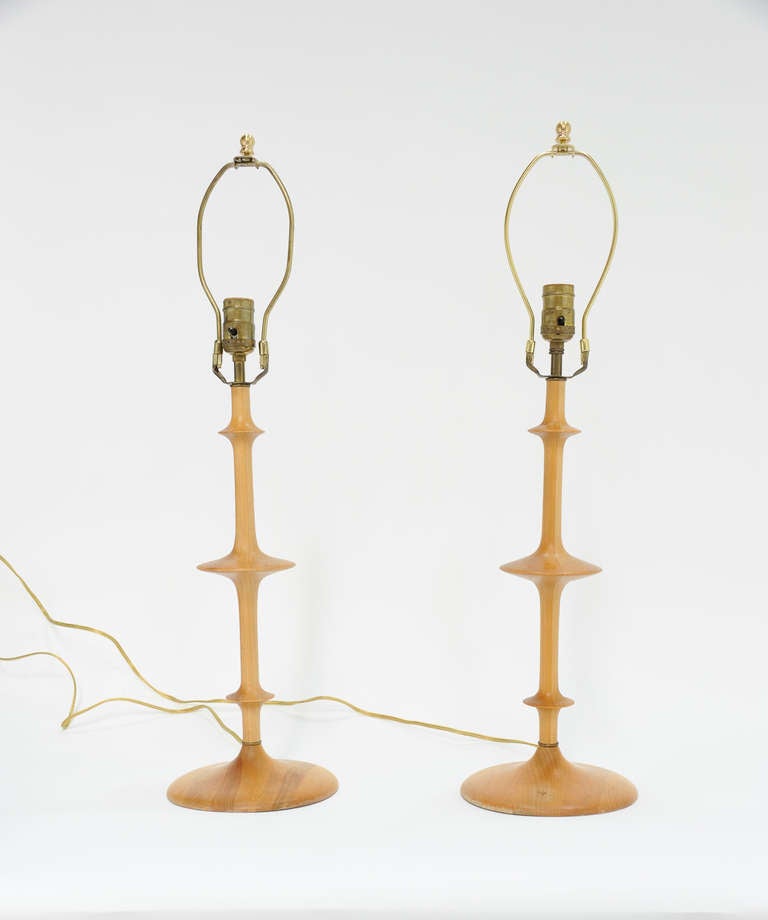 Mid-Century Modern Pair of Maple Wood Turned Artisan Lamps For Sale