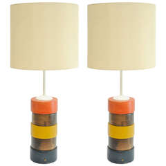 Grand Pair of Tricolor Bohemian Folk Art Table Lamps