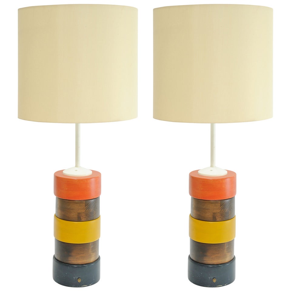 Grand Pair of Tricolor Bohemian Folk Art Table Lamps For Sale