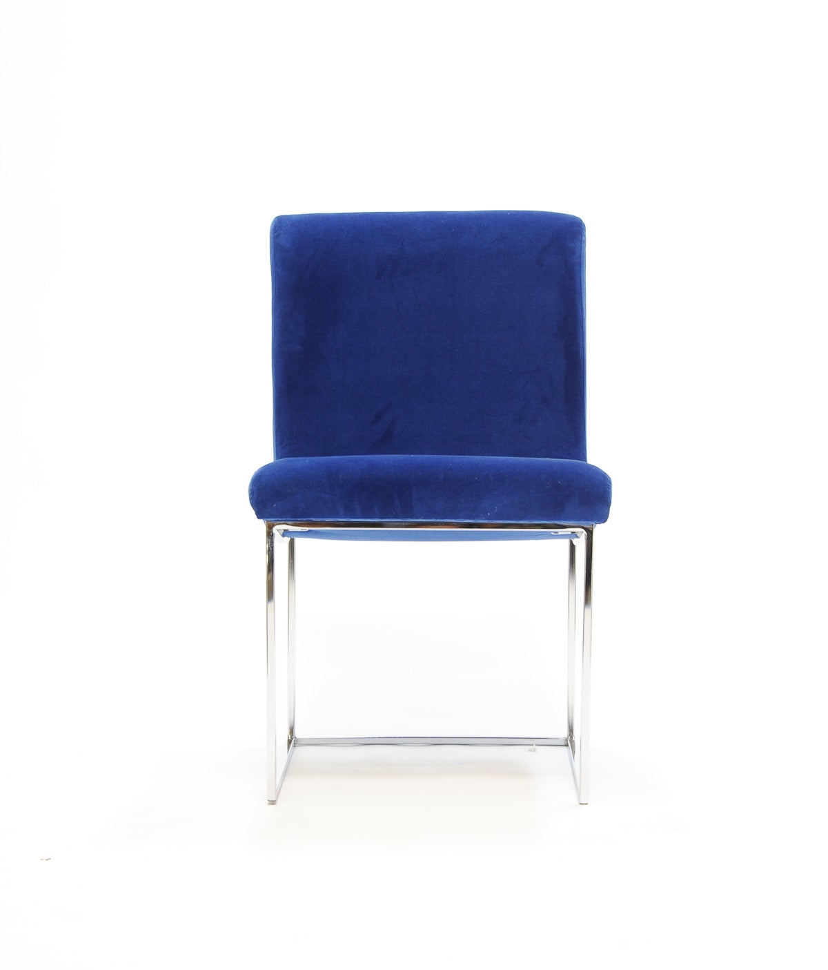 Mid-Century Modern Pair of Milo Baughman Chrome and Blue Velvet Side Chairs