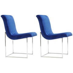 Pair of Milo Baughman Chrome and Blue Velvet Side Chairs