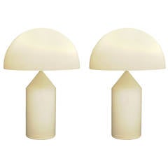 Vintage Pair of Vico Magistretti's Atollo Lamps with Murano Blown Glass Diffuser