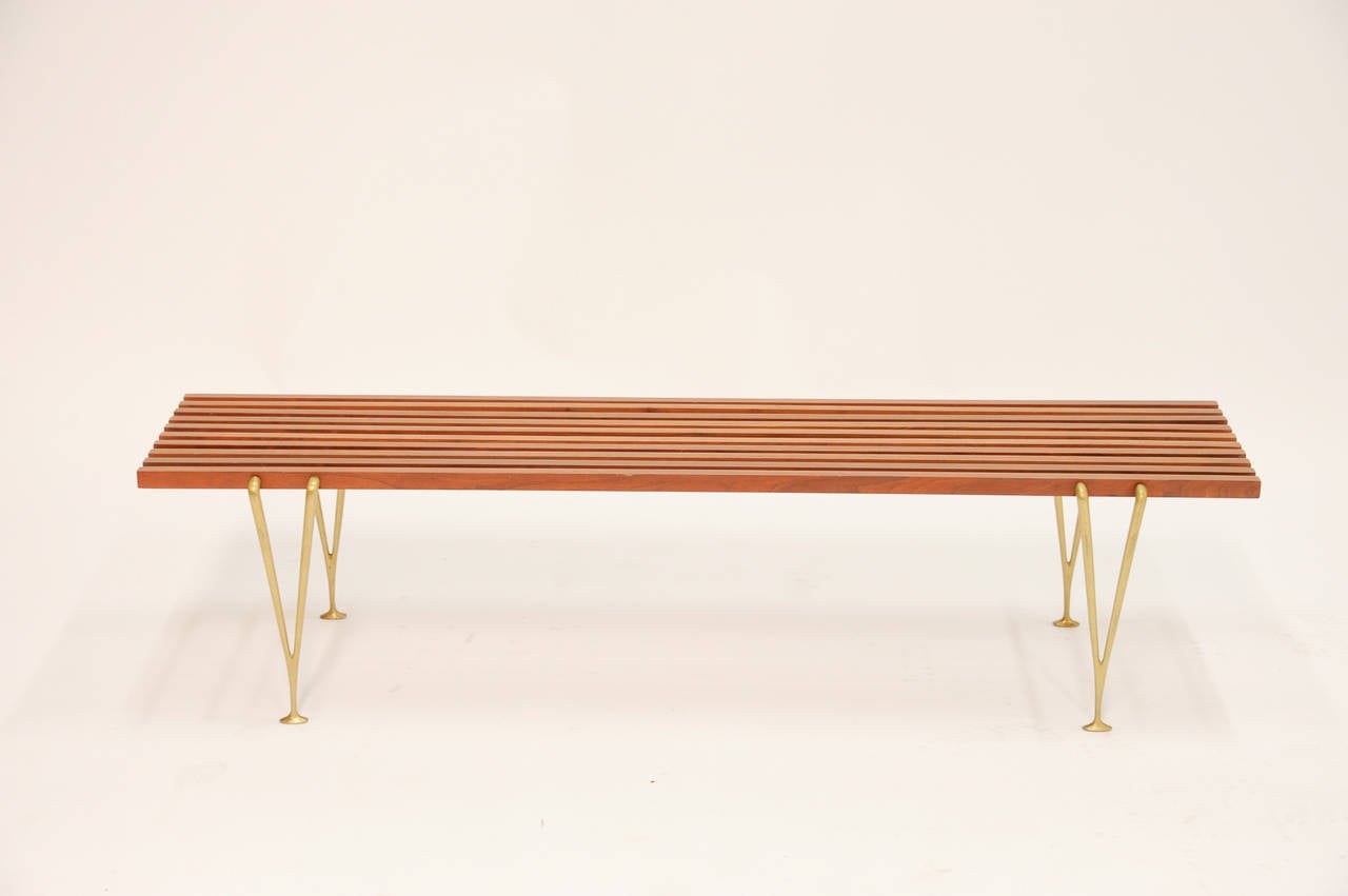 American Hugh Acton's Suspended Beam Bench with Brass Legs and Cross Beams