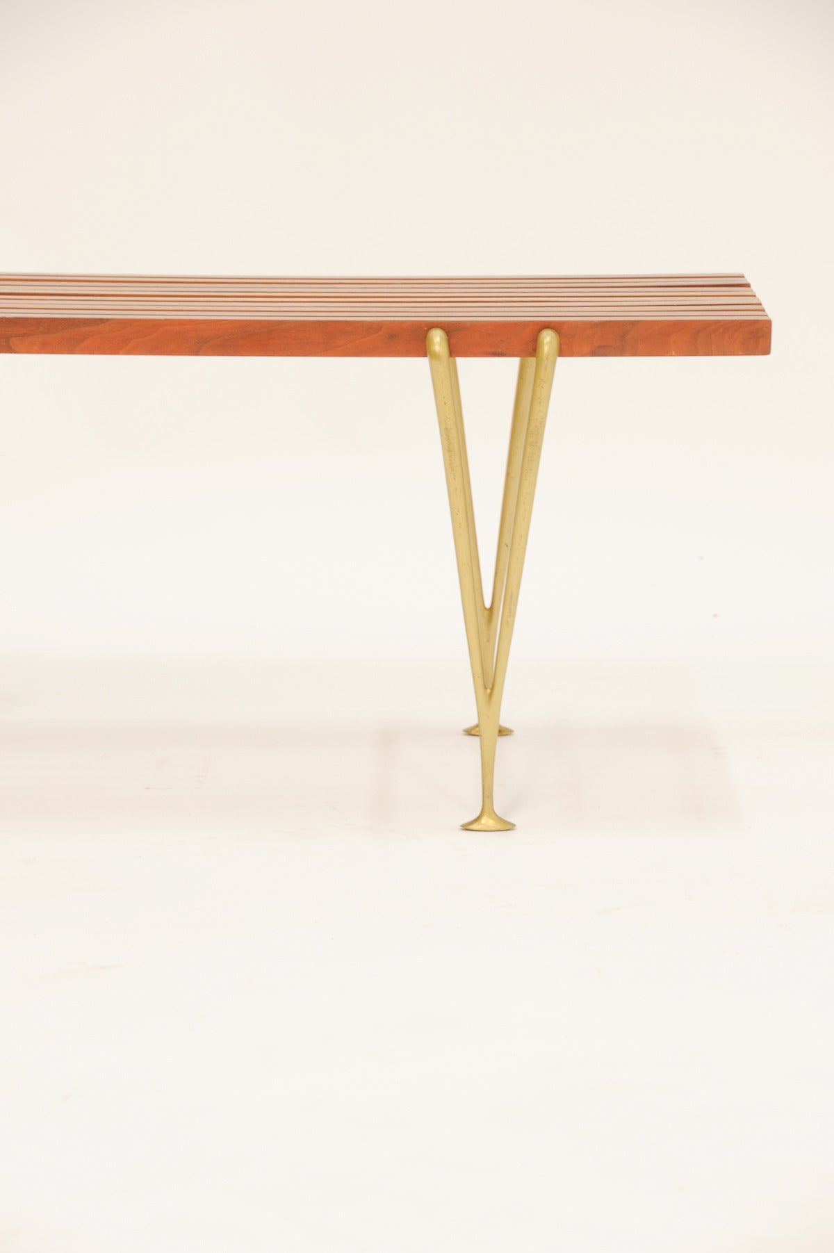 Hugh Acton's Suspended Beam Bench with Brass Legs and Cross Beams at