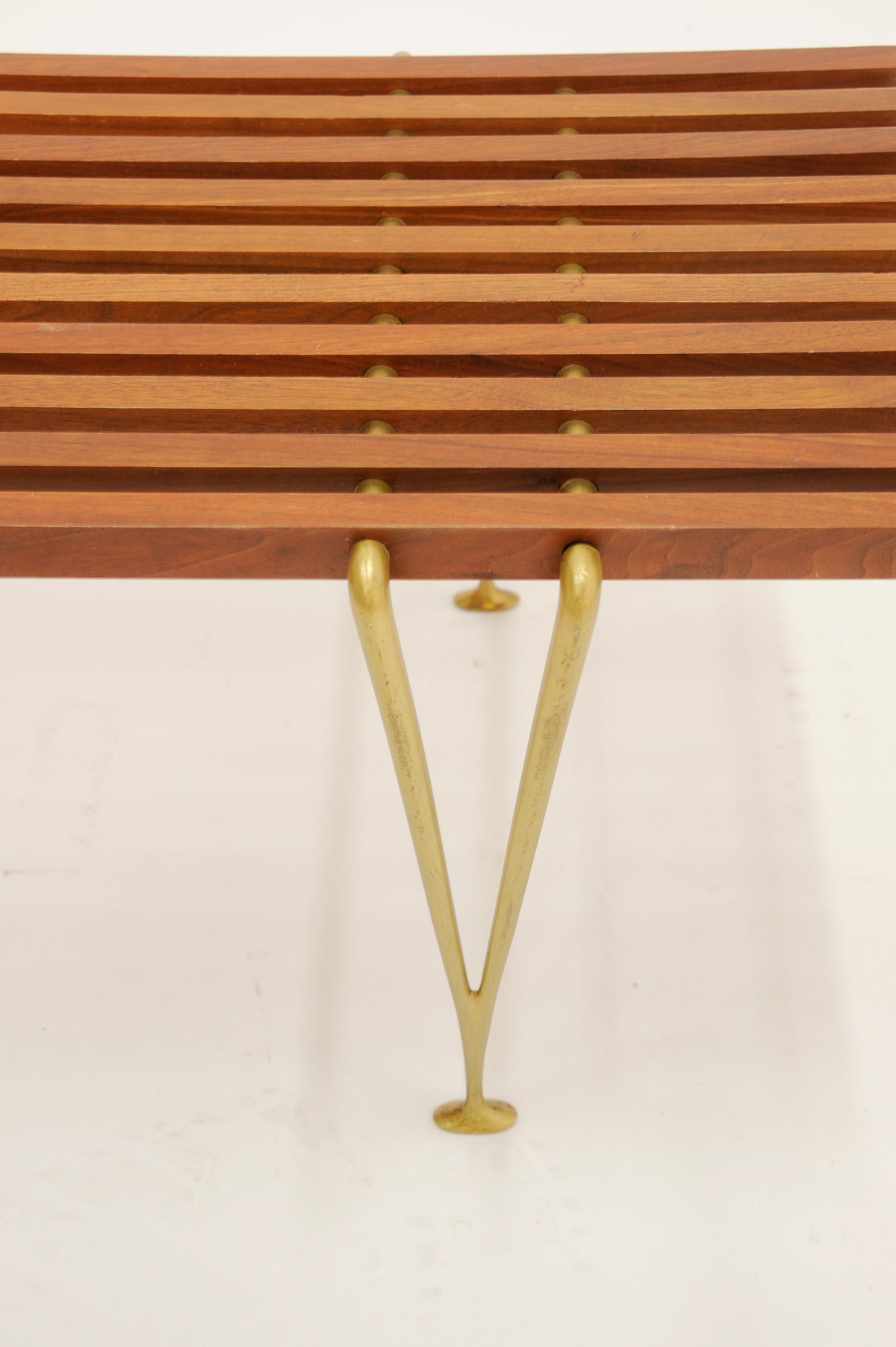 Mid-20th Century Hugh Acton's Suspended Beam Bench with Brass Legs and Cross Beams