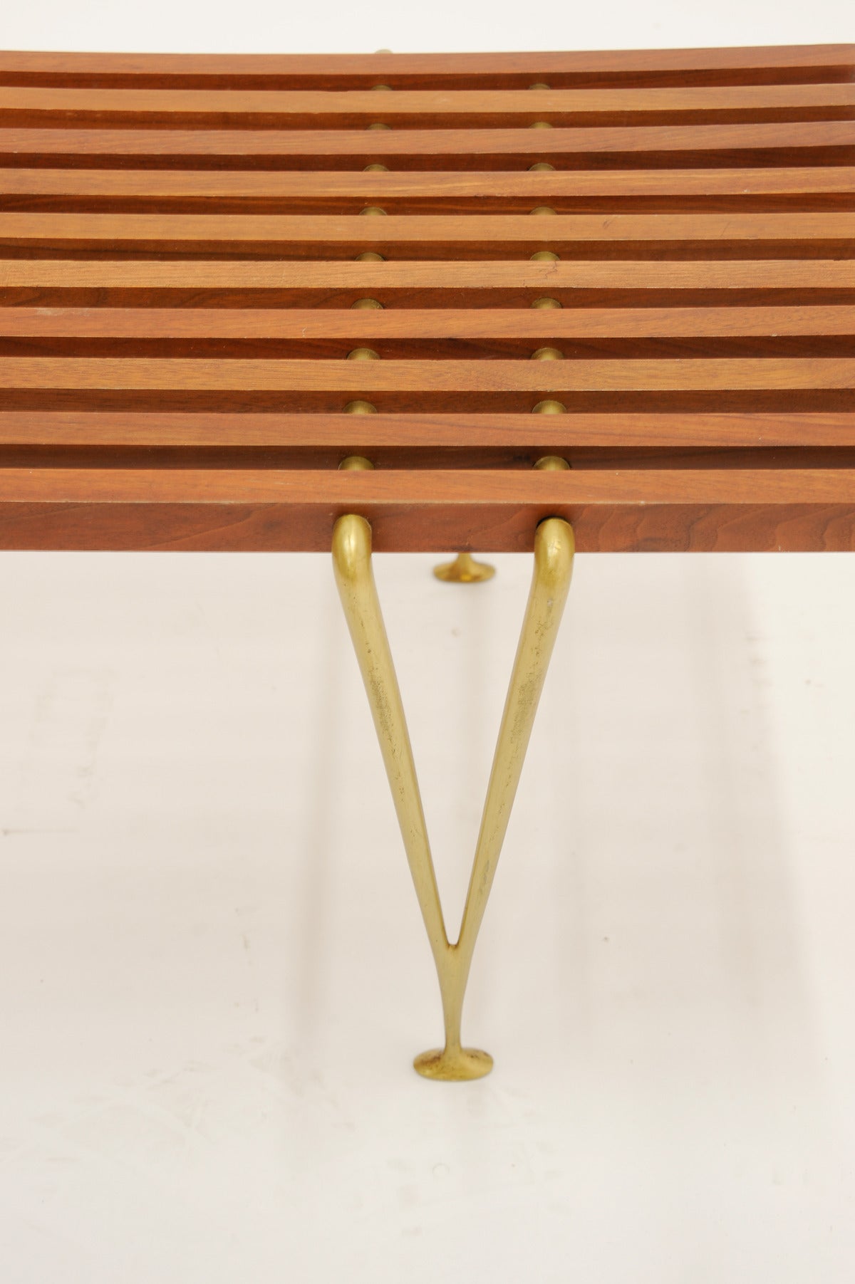 Hugh Acton's Suspended Beam Bench with Brass Legs and Cross Beams at